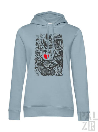 Hellblauer Hoodie mit Grafikdesign, das „peal“ und ein rotes Herz zeigt, aus Baumwolle gefertigt.