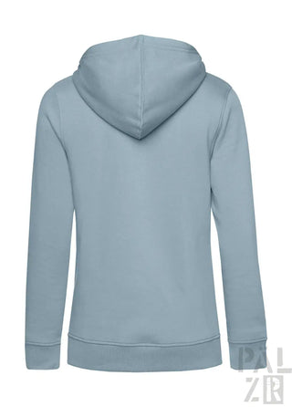 Hellblauer Hoodie mit Kapuze und langen Ärmeln.