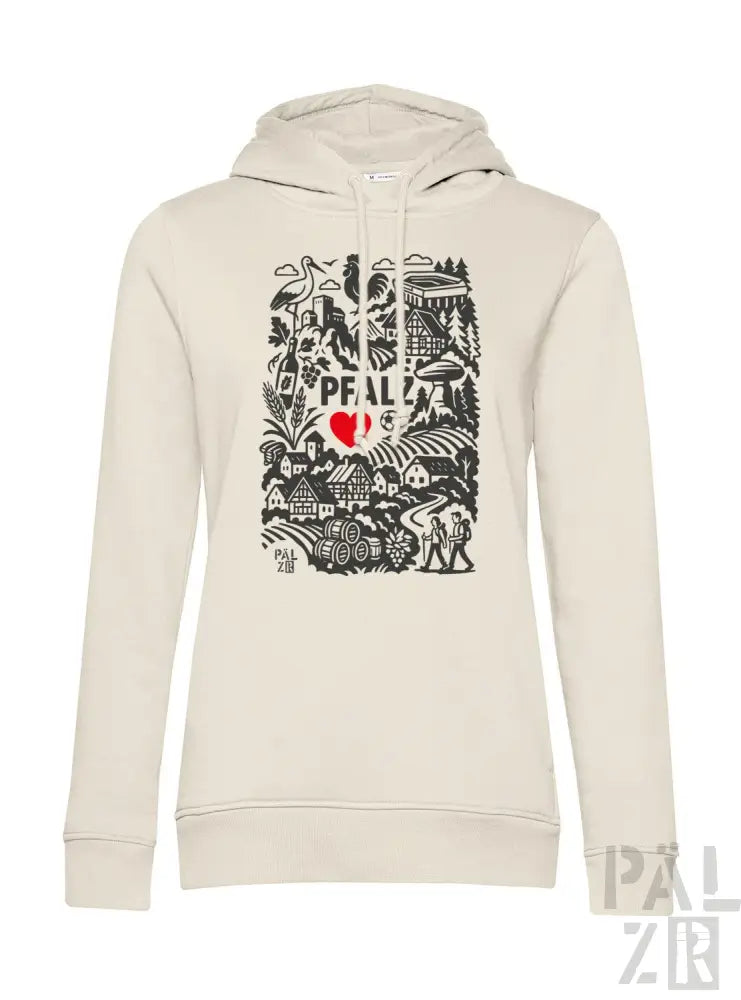 Cremeweiße Kapuzenjacke mit schwarzem und rotem Grafikdesign, das ein Herz, Bäume, Häuser, Tiere und das Wort „peal“ mehrmals wiederholt zeigt.