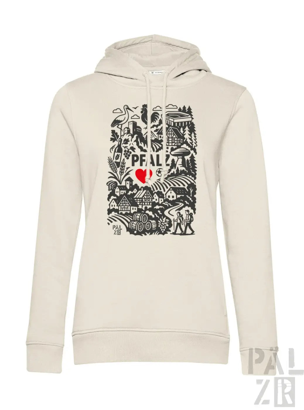 Cremeweiße Kapuzenjacke mit schwarzem und rotem Grafikdesign, das ein Herz, Bäume, Häuser, Tiere und das Wort „peal“ mehrmals wiederholt zeigt.