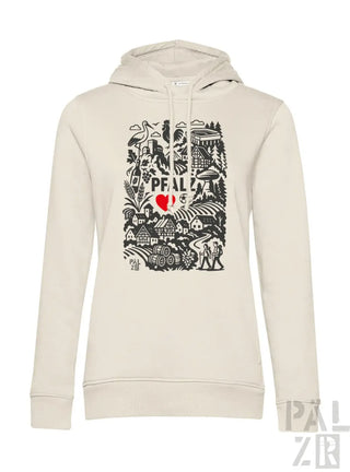 Cremeweiße Kapuzenjacke mit schwarzem und rotem Grafikdesign, das ein Herz, Bäume, Häuser, Tiere und das Wort „peal“ mehrmals wiederholt zeigt.