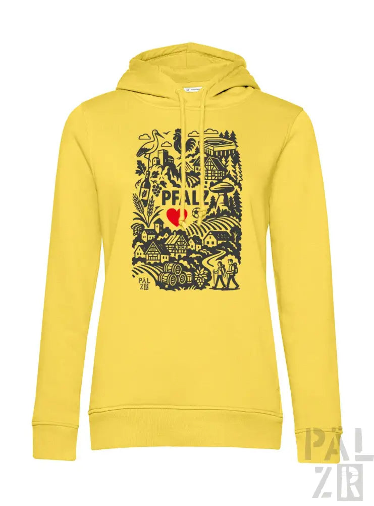 Gelbes Hoodie mit schwarz-rotem Design, das den Text ’peal’, ein Herzsymbol und verschiedene Illustrationen zeigt.