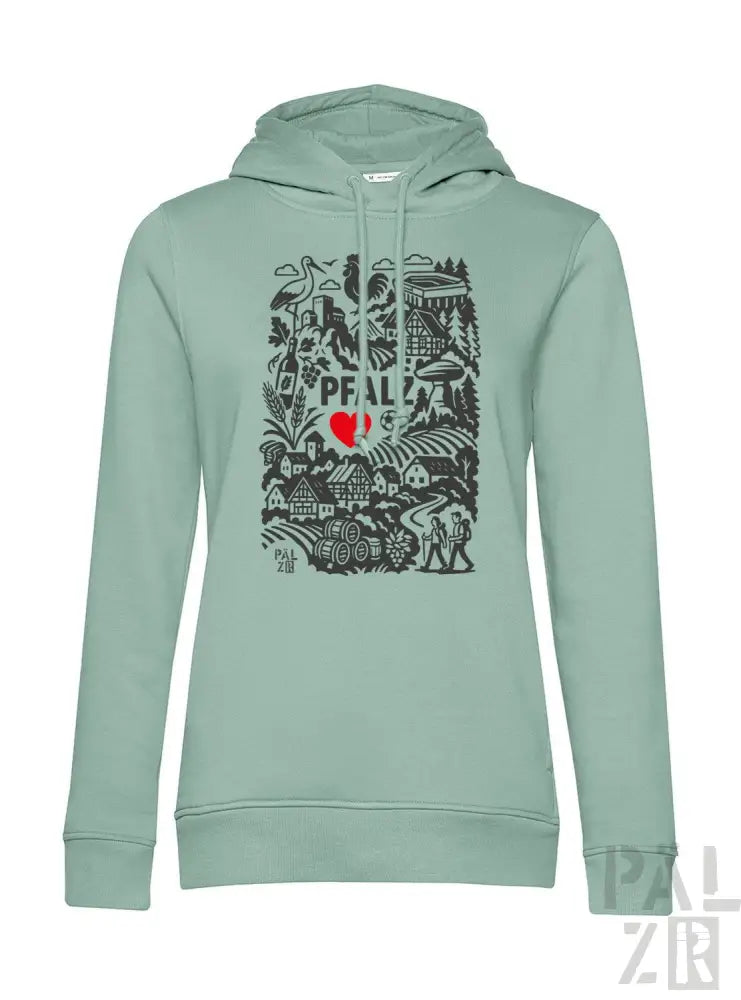 Minzgrüner Hoodie mit schwarzem und rotem Design, das den Text ’peal’, ein Herzsymbol und verschiedene Illustrationen zeigt.