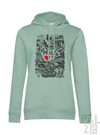 Minzgrüner Hoodie mit schwarzem und rotem Design, das den Text ’peal’, ein Herzsymbol und verschiedene Illustrationen zeigt.
