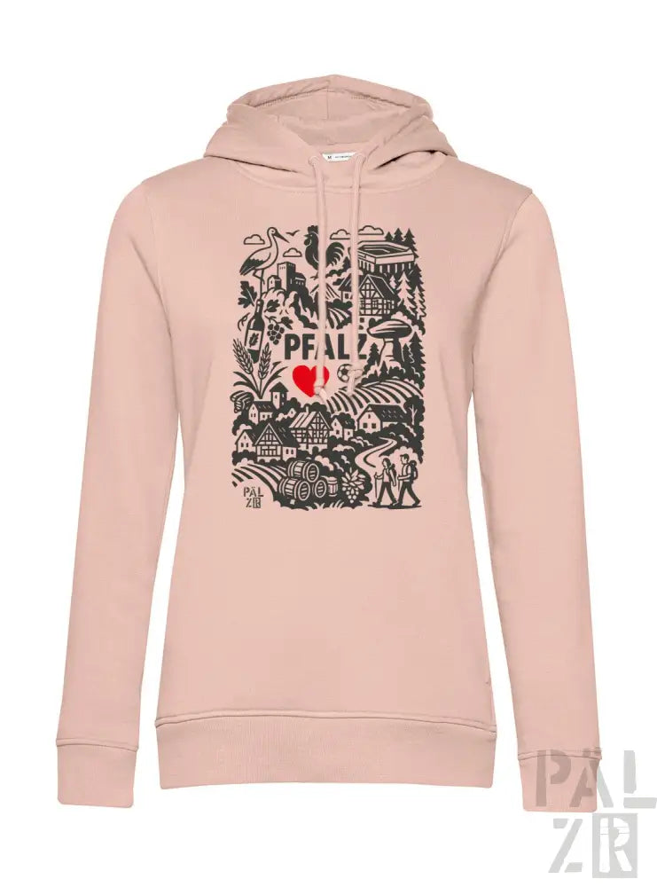 Rosa Hoodie mit schwarzem und rotem Grafikdesign, das den Text „peal“, ein Herzsymbol und verschiedene Illustrationen zeigt.