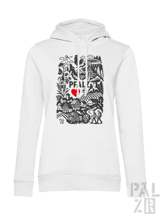 Weißes Hoodie mit schwarzem und rotem Design, das ein Herz, Bäume, Häuser, Menschen und das Wort „peal“ mehrmals wiederholt zeigt.