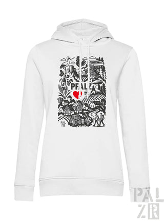 Weißes Hoodie mit schwarzem und rotem Design, das ein Herz, Bäume, Häuser, Menschen und das Wort „peal“ mehrmals wiederholt zeigt.