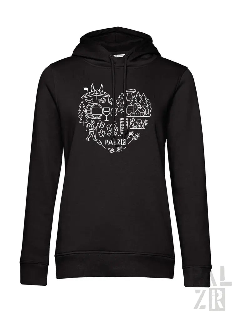 Schwarzer Hoodie mit weißem Grafikdesign, das eine kreisförmige Illustration verschiedener Charaktere und Szenen zeigt.