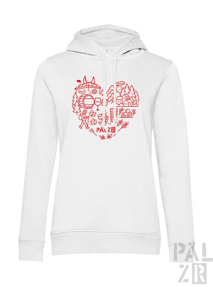 Weißes Hoodie mit rotem Herz-Design, das verschiedene Charaktere und Symbole zeigt.