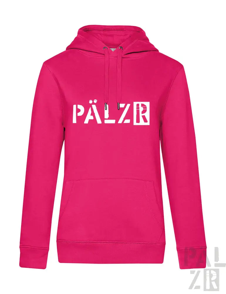 Rosa Hoodie mit ’pälzr’ Textdesign, aus Baumwolle gefertigt.
