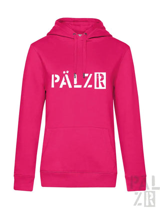 Rosa Hoodie mit ’pälzr’ Textdesign, aus Baumwolle gefertigt.