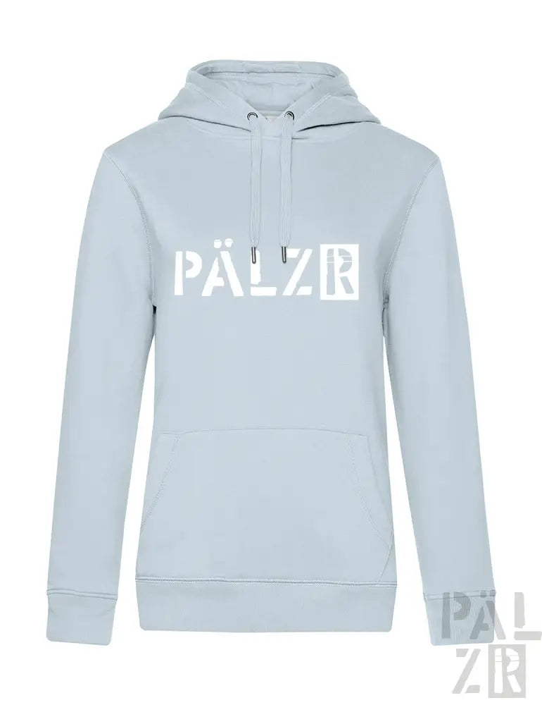 Hellblaues Hoodie mit weißem ’pälzr’-Logo-Design auf der Vorderseite.