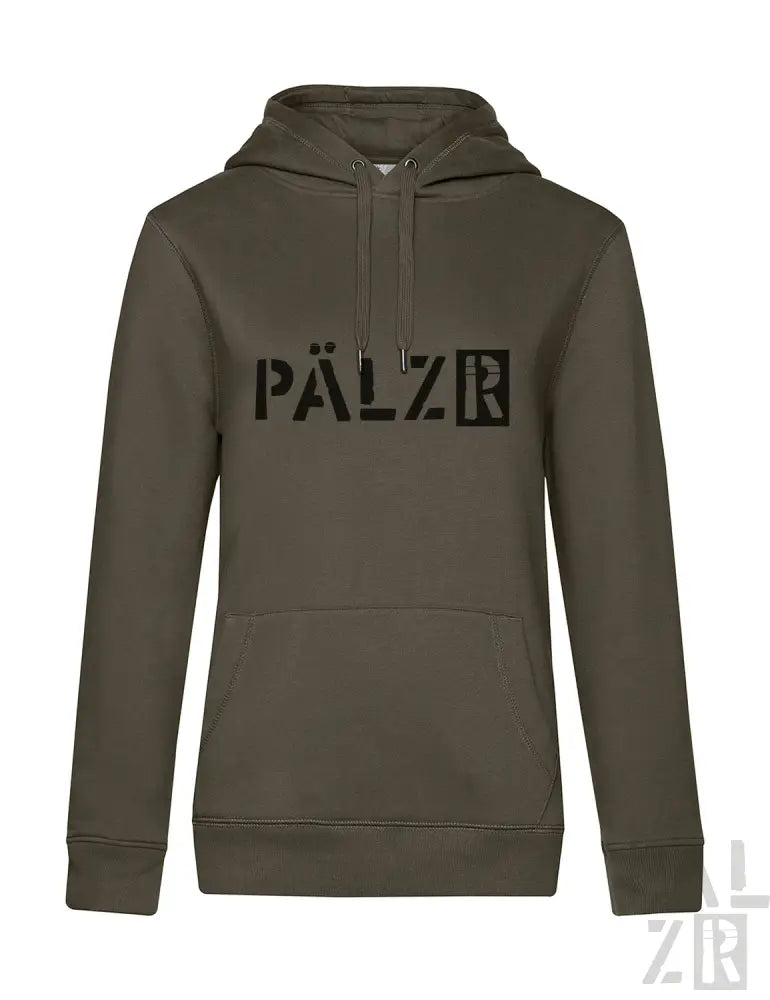 Olivgrüner Hoodie mit ’pälzr’-Logo in Schwarz auf der Vorderseite.