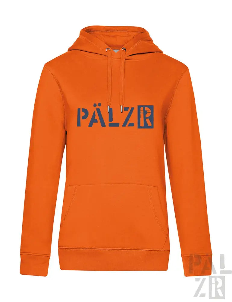 Orange Kapuzenpulli mit ’pälzr’-Logo in Dunkelblau auf Vorderseite und Kapuze.