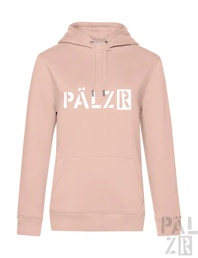 Hellrosa Hoodie mit ’pälzr’-Logo in Weiß auf der Vorderseite.