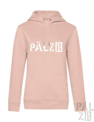 Hellrosa Hoodie mit ’pälzr’-Logo in Weiß auf der Vorderseite.