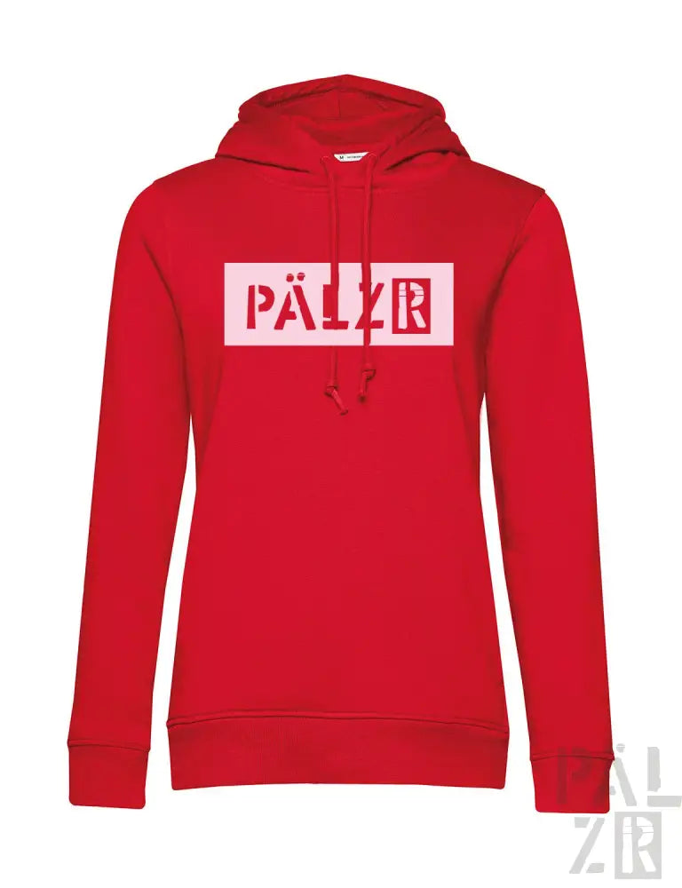Rote Kapuzenpulli mit ‚pälzr‘-Logo in Weiß und Schwarz, aus Fleece-Material gefertigt.
