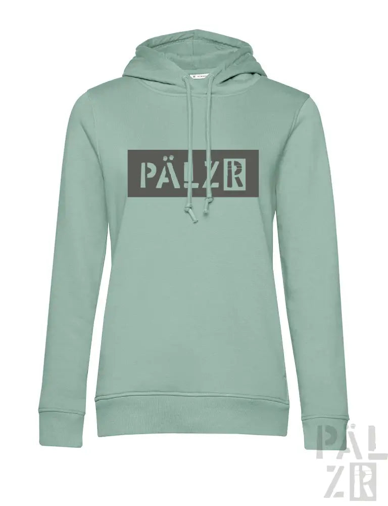 Minzgrüner Hoodie mit ‚pälyr‘-Logo in Weiß und Schwarz.