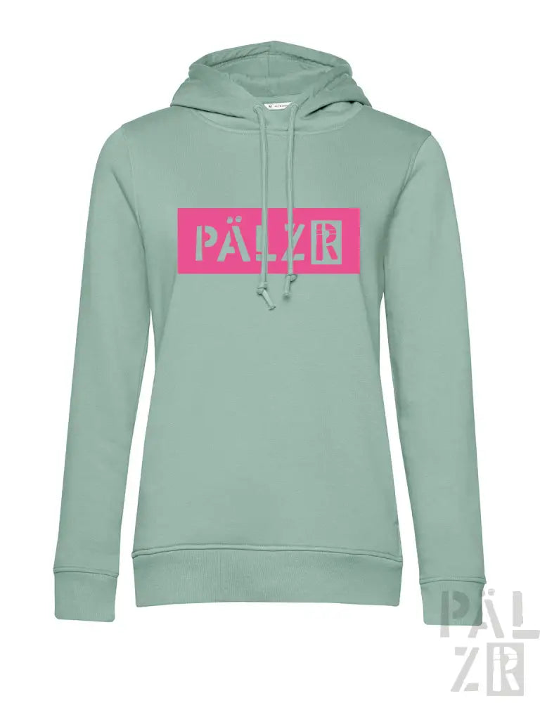 Minzgrüner Hoodie mit pinkem Logo und Kordelzügen, pälzr Marke.