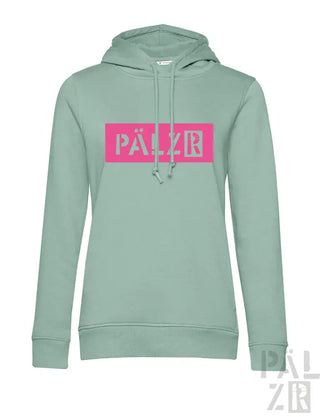 Minzgrüner Hoodie mit pinkem Logo und Kordelzügen, pälzr Marke.