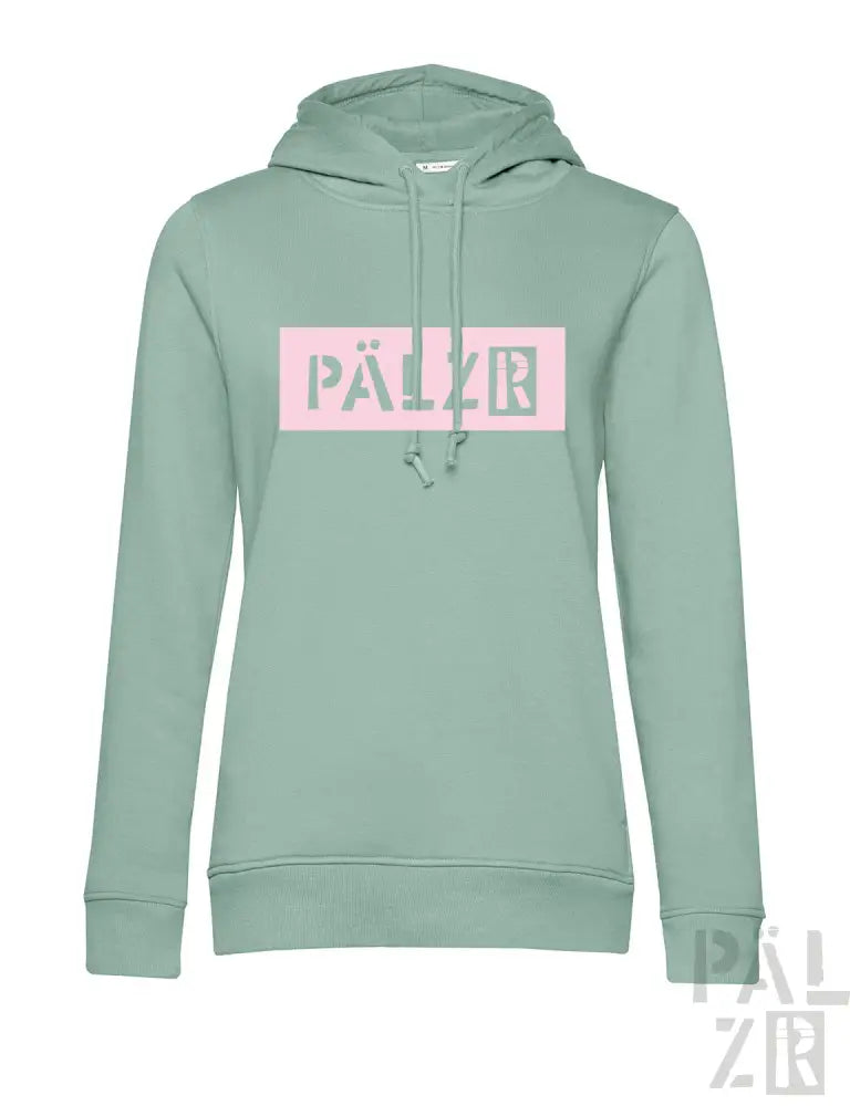 Minzgrüner Hoodie mit pinkem und grauem Logodesign, das einen kastenförmigen Text „pällr“ zeigt.