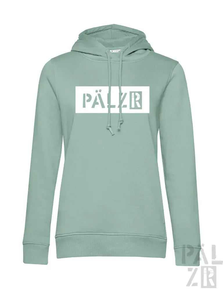 Minzgrüner Hoodie mit ’pällzr’-Logo im weißen Box-Design.
