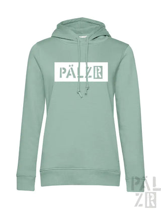 Minzgrüner Hoodie mit ’pällzr’-Logo im weißen Box-Design.