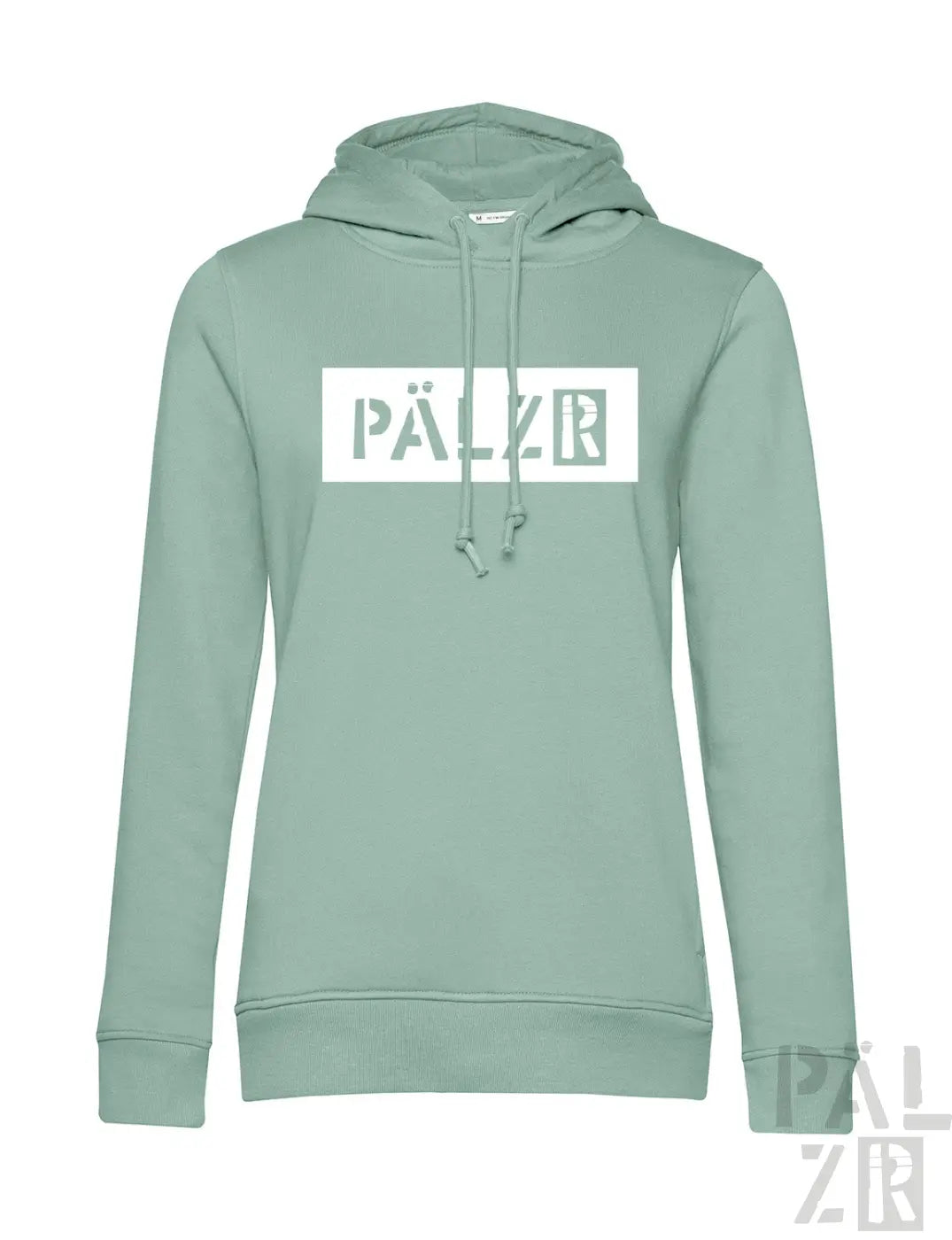 Minzgrüner Hoodie mit ’pällzr’-Logo im weißen Box-Design.