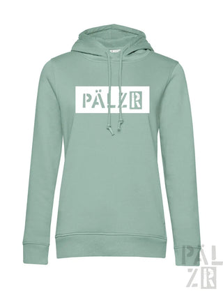 Minzgrüner Hoodie mit ’pällzr’-Logo im weißen Box-Design.