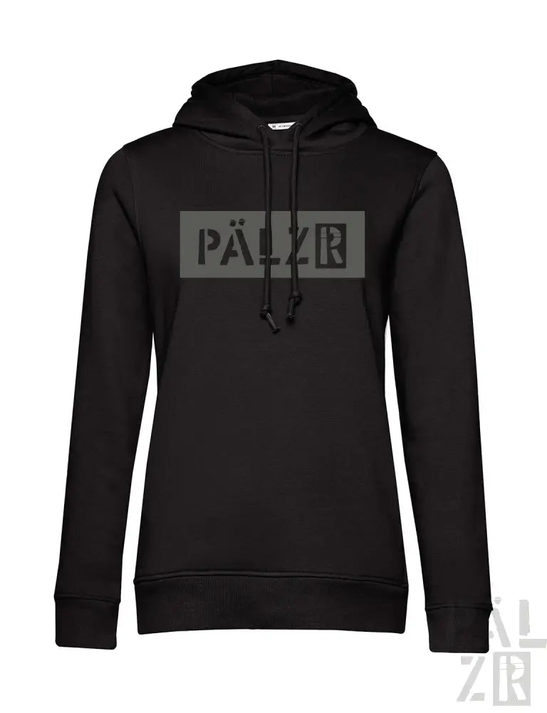 Schwarze Pfälzer Hoodie mit Box-Logo-Design auf der Vorderseite.