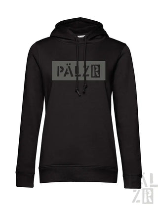 Schwarze Pfälzer Hoodie mit Box-Logo-Design auf der Vorderseite.