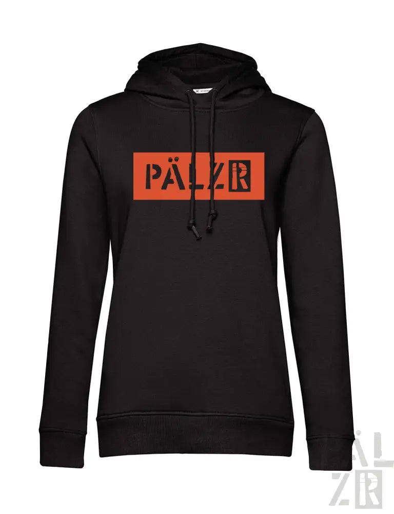 Schwarze Hoodie mit orangem ’pälzr’-Logo und Kordelzügen.