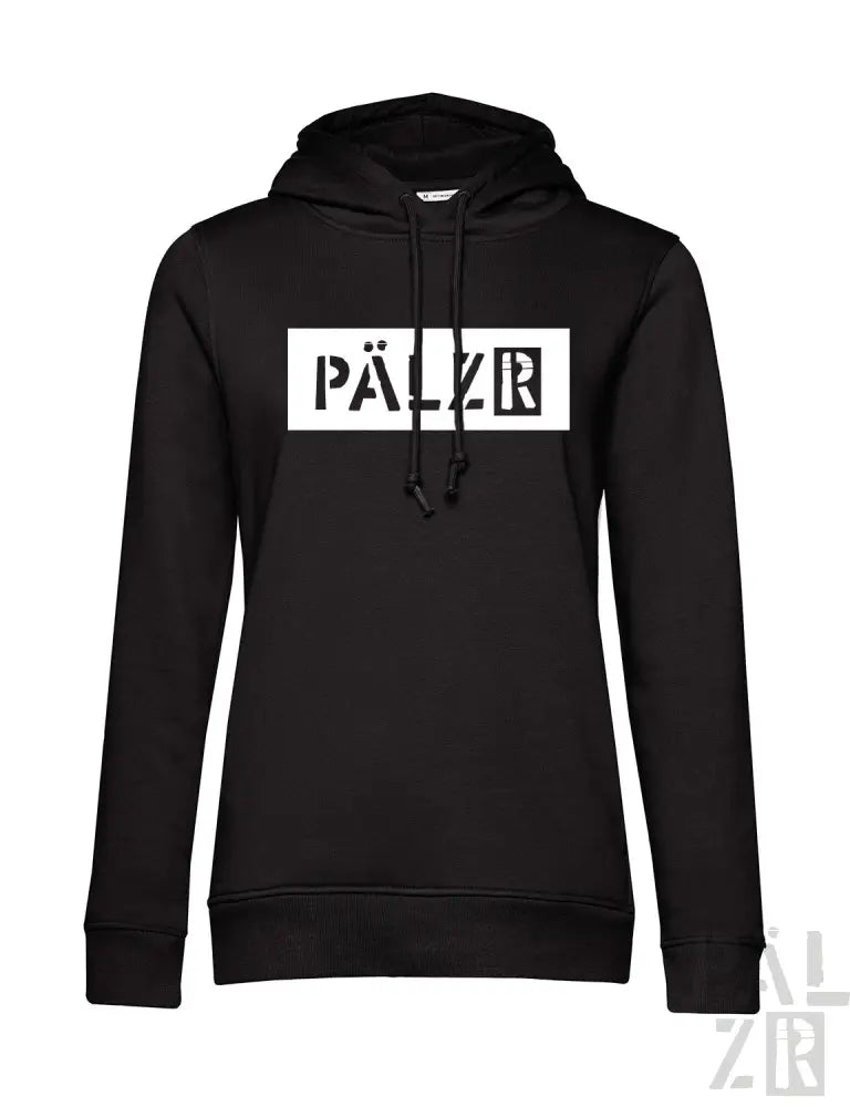 Schwarzes Hoodie mit weißem „pälzr“-Logodesign, hergestellt aus einer Baumwoll-Polyester-Mischung.