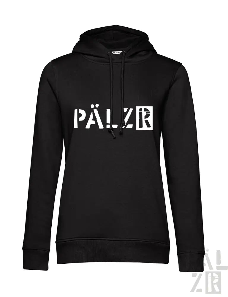 Schwarze Hoodie mit weißem ’pälzr’ Textdesign, hergestellt aus Baumwollmischgewebe.