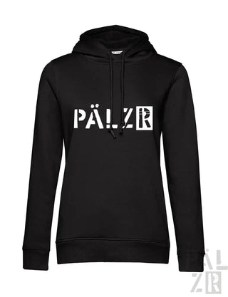 Schwarze Hoodie mit weißem ’pälzr’ Textdesign, hergestellt aus Baumwollmischgewebe.