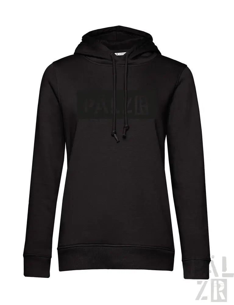 Schwarzer Hoodie mit Kapuze und Kordelzügen, aus Baumwoll- oder Polyester-Mischung.