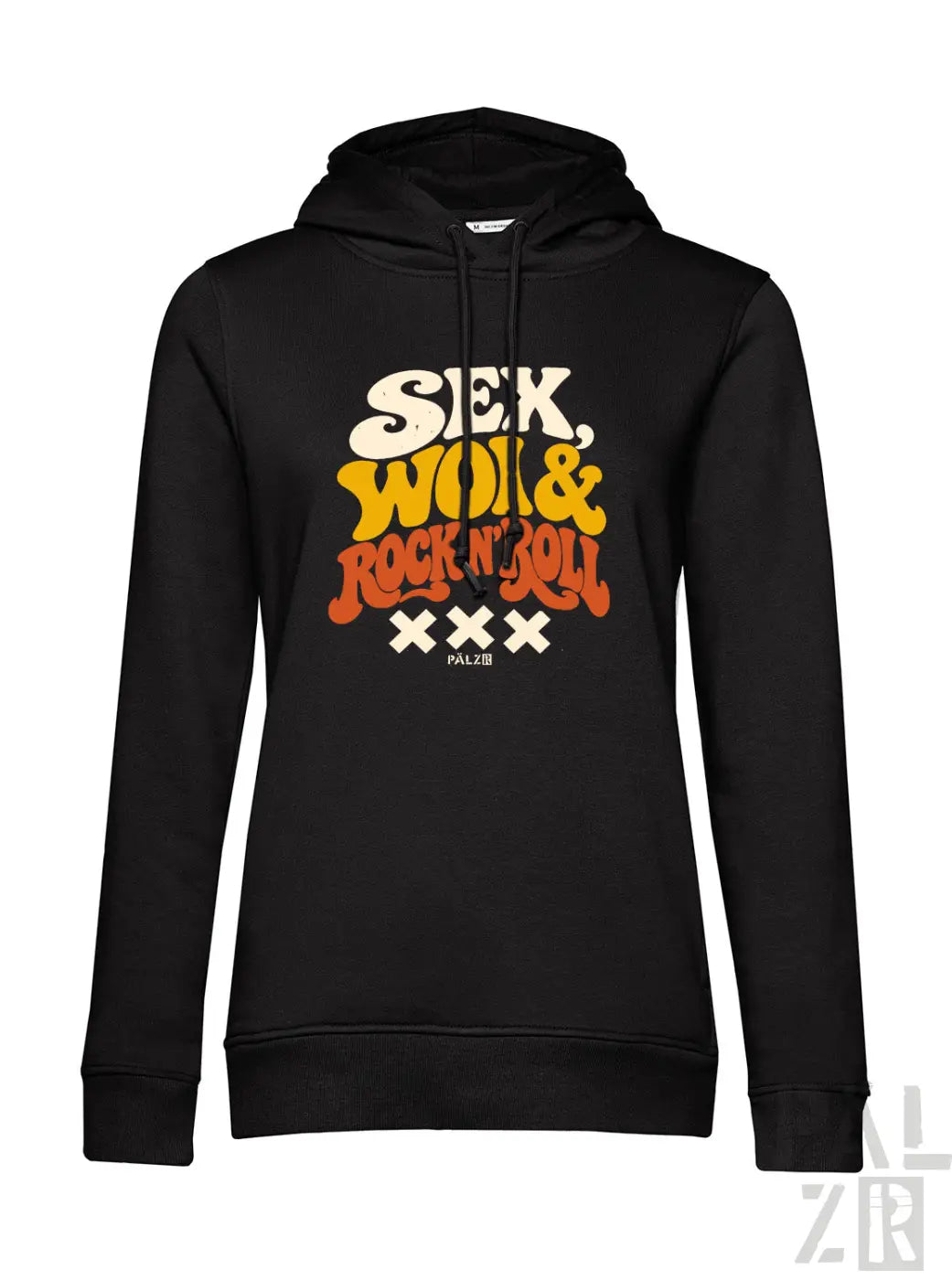 Schwarzer frauen hoodie mit retro grafik sex woi und rock n roll in weißen gelben und orangen buchstaben