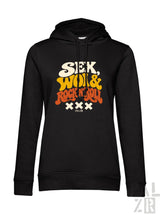 Schwarzer frauen hoodie mit retro grafik sex woi und rock n roll in weißen gelben und orangen buchstaben