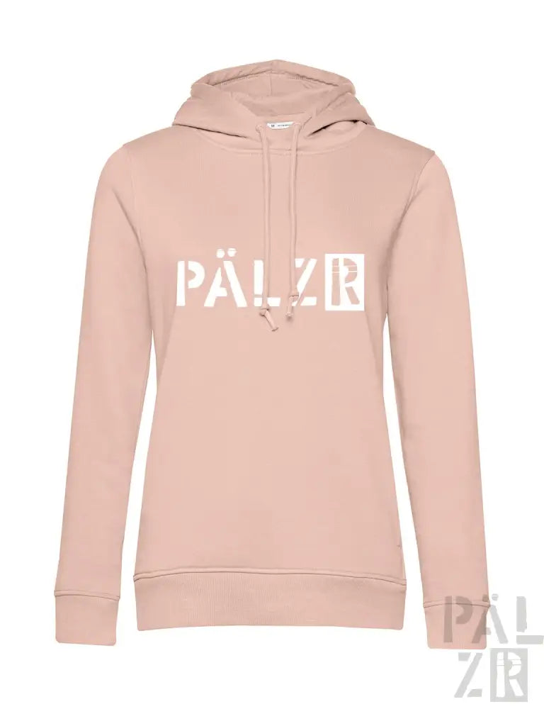 Hellrosa Hoodie mit weißem ’pälzb’-Logo, aus weichem Baumwollstoff.