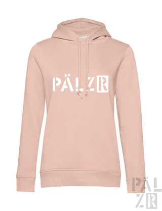 Hellrosa Hoodie mit weißem ’pälzb’-Logo, aus weichem Baumwollstoff.