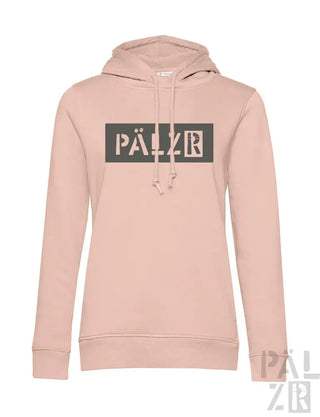 Blassrosa Hoodie mit ’pälzr’-Logo in schwarzem Box-Design.