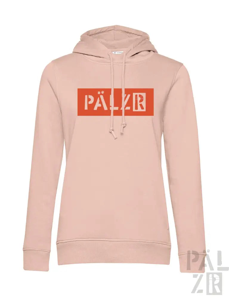 Hellrosa Hoodie mit ’pälzr’-Logo in Orange-Box-Design.