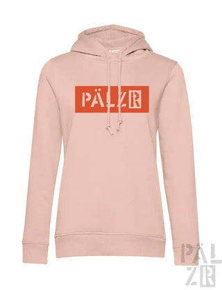 Hellrosa Hoodie mit ’pälzr’-Logo in Orange-Box-Design.