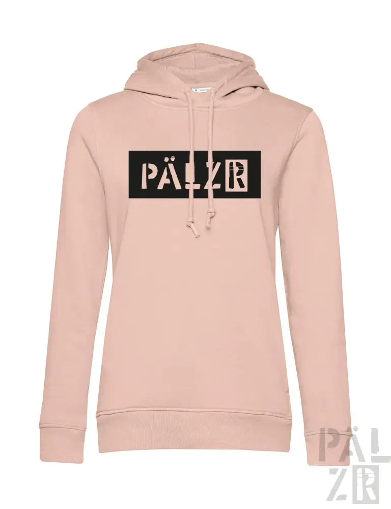 Hellrosa Hoodie mit schwarzem ’pälzr’ Logo-Design.