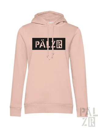 Hellrosa Hoodie mit schwarzem ’pälzr’ Logo-Design.