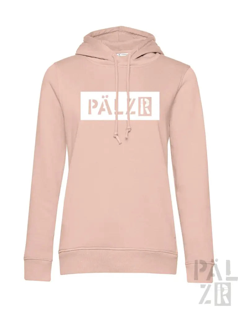 Hellrosa Hoodie mit ’pälzr’-Logo in Weiß auf der Vorderseite.