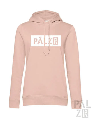 Hellrosa Hoodie mit ’pälzr’-Logo in Weiß auf der Vorderseite.