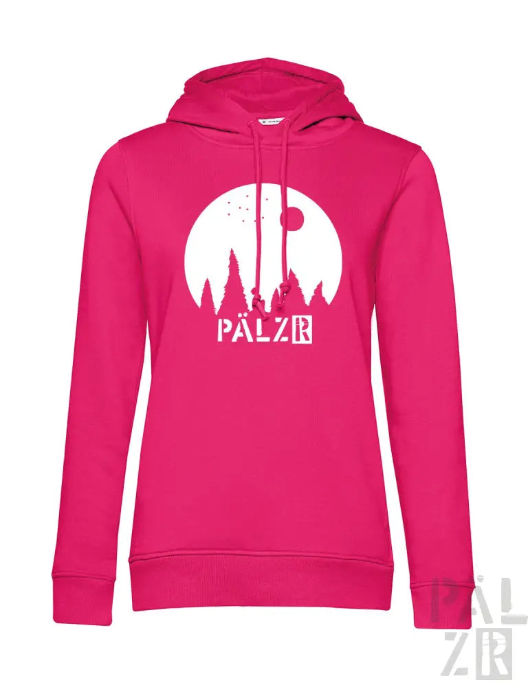 Rosa Hoodie mit ‚palzr‘-Logo und grafischem Design mit Silhouette von Bergen, Mond und Pfahl.