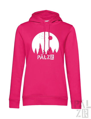 Rosa Hoodie mit ‚palzr‘-Logo und grafischem Design mit Silhouette von Bergen, Mond und Pfahl.