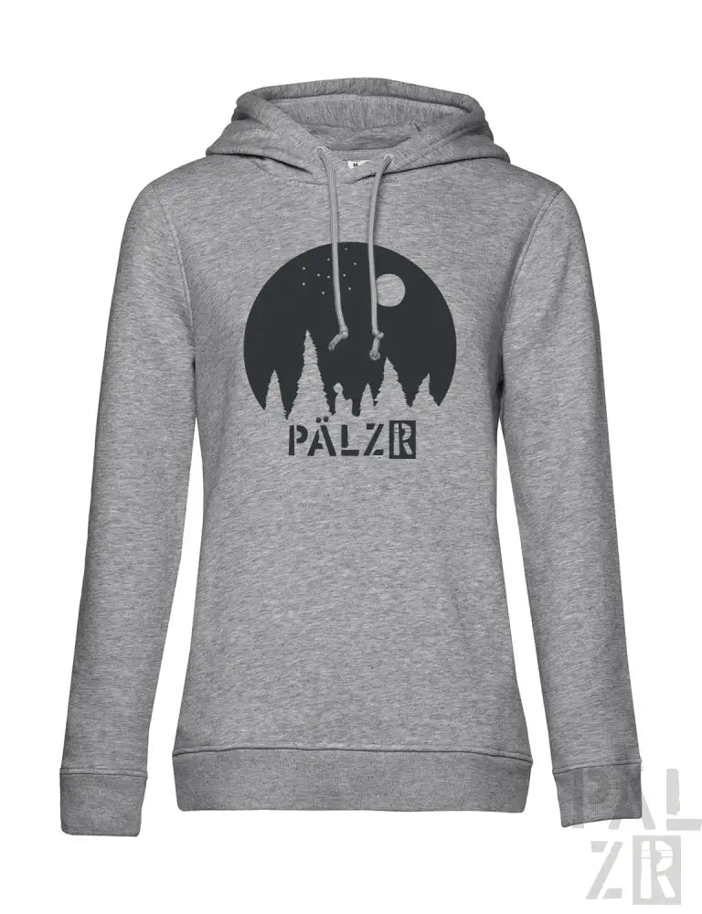Heather grauer Hoodie mit schwarzem Baum-Silhouetten-Design und Text ’pälzr’.